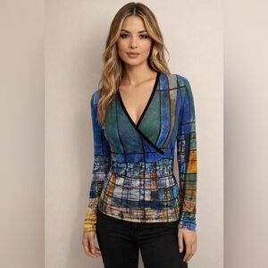 Dolcezza City View  Long Sleeve Top V Neck Blue Green Multi Colour Sz S